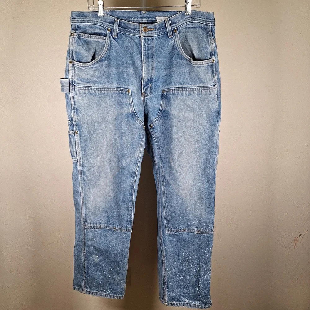 Key Y2K Double Knee Blue Jeans Bleach Thrashed Carpenter Workwear 38x32